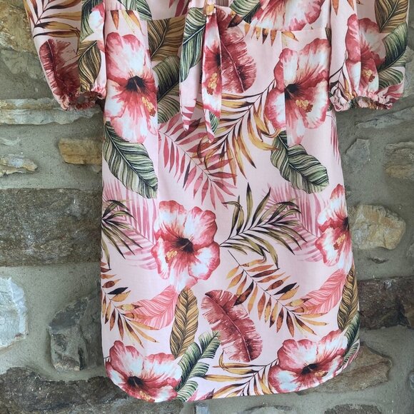 NWT LuLus ZALIKI PINK TROPICAL PRINT TIE-FRONT PUFF SLEEVE MINI DRESS Blush Smal - Picture 6 of 12
